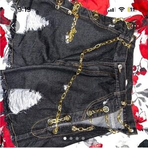 Black Denim Shorts with Gold Chain Accents